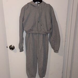 Gray Cropped Hooded Sweatshirt and Jogger Set